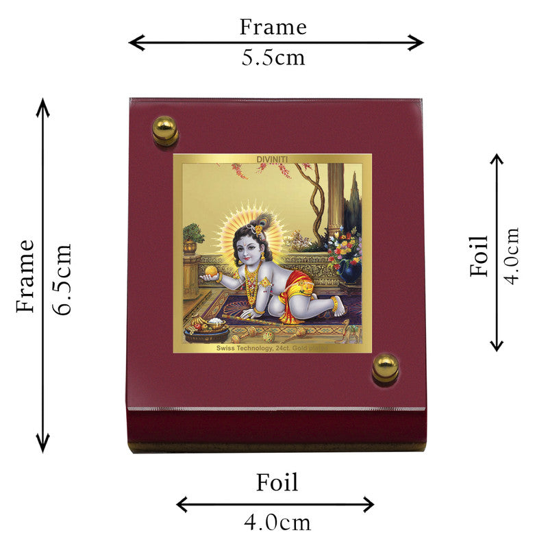 Diviniti 24K Gold Plated Laddu Gopal Frame For Car Dashboard, Home Decor, Table Top (5.5 x 6.5 CM)