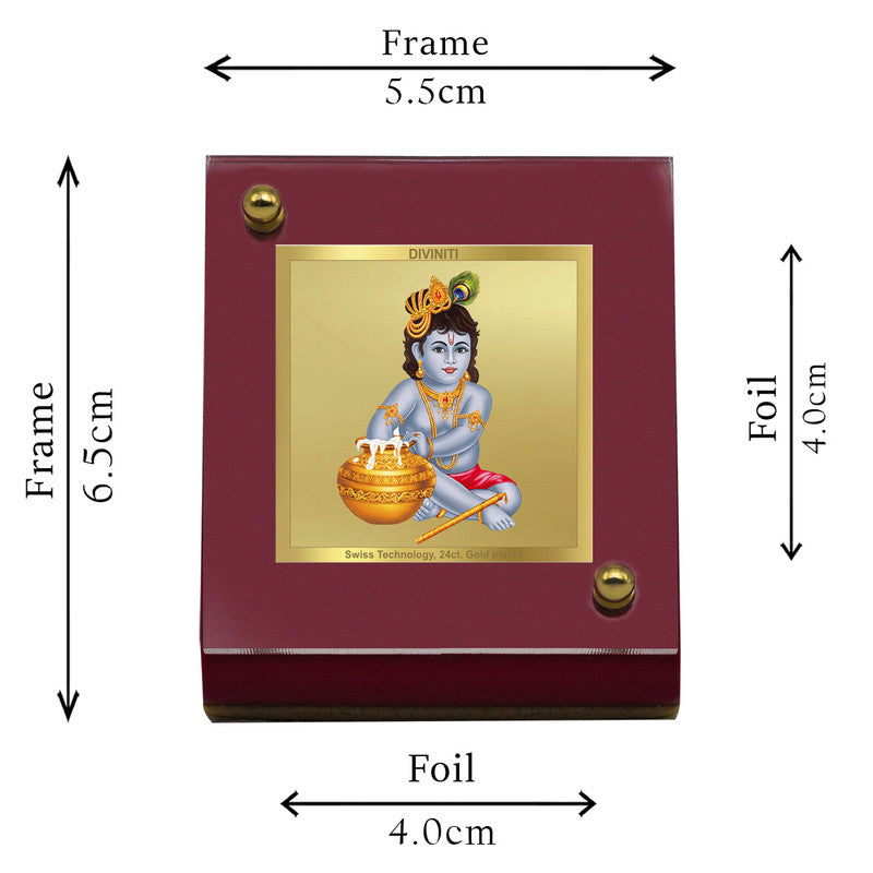 Diviniti 24K Gold Plated Bal Gopal Frame For Car Dashboard, Home Decor, Table Top, Gift (5.5 x 6.5 CM)