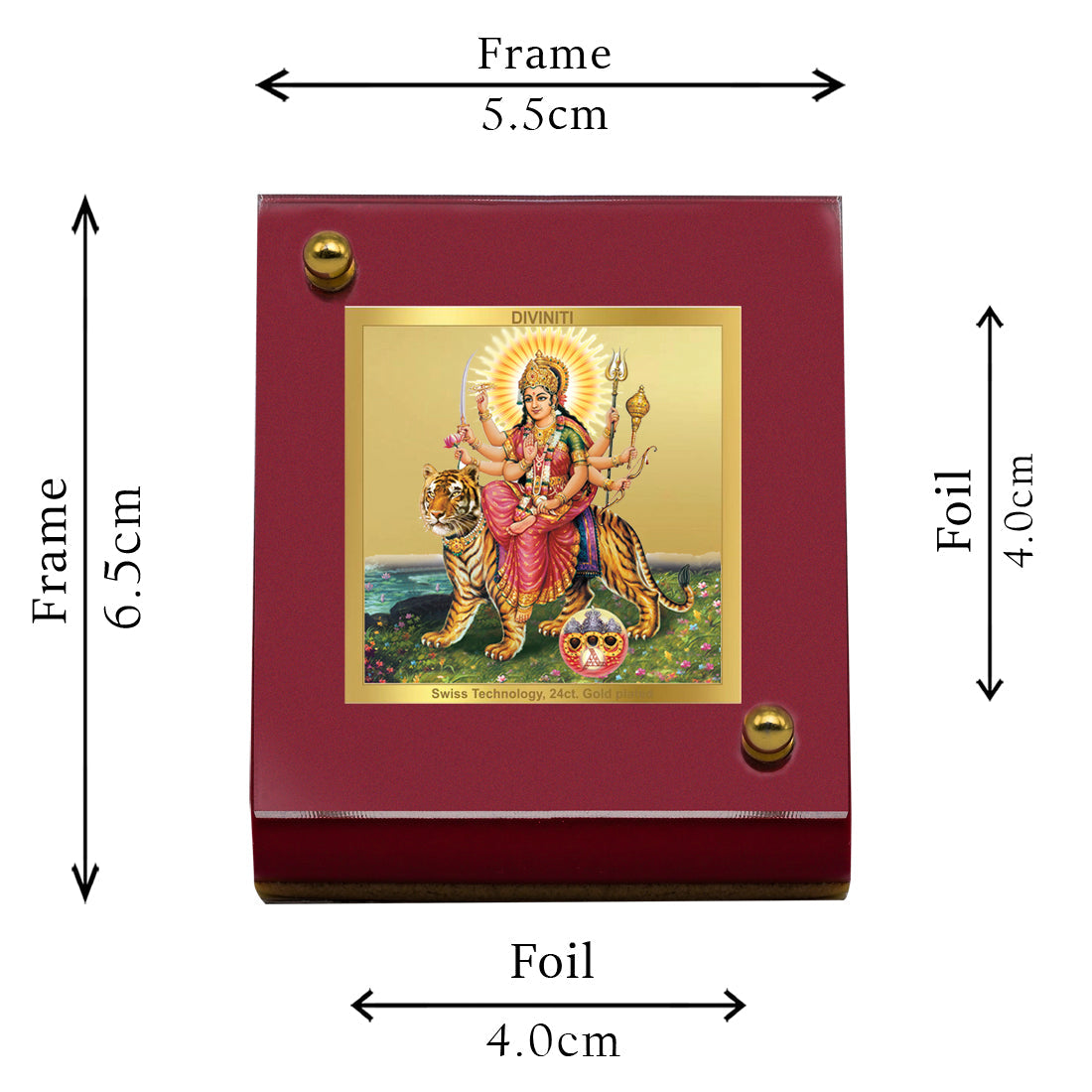 Diviniti 24K Gold Plated Durga Maa Frame For Car Dashboard, Home Decor, Table, Puja (5.5 x 6.5 CM)