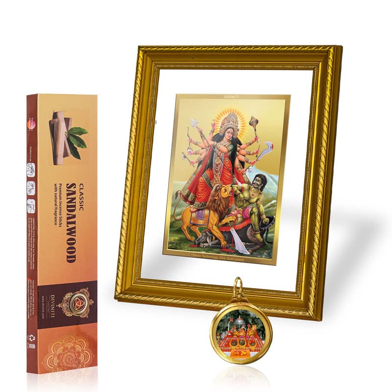 DIVINITI Durga DG 2.5 Gold Plated Photo Frame, 24K Double sided Gold Plated Pendant 18 MM and Classic Sandalwood Incense Sticks For Navratri Festival Prayer & Auspicious Occasion (Combo Pack)