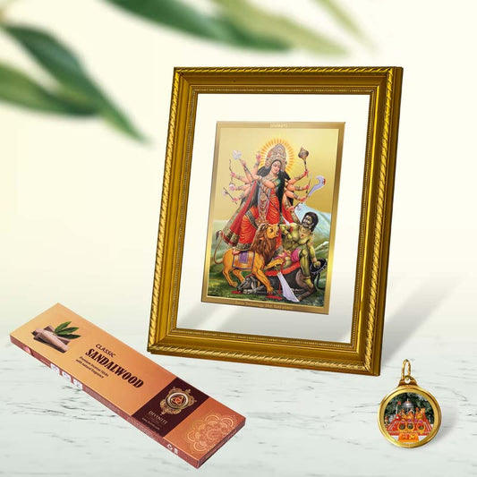 DIVINITI Durga DG 2.5 Gold Plated Photo Frame, 24K Double sided Gold Plated Pendant 18 MM and Classic Sandalwood Incense Sticks For Navratri Festival Prayer & Auspicious Occasion (Combo Pack)