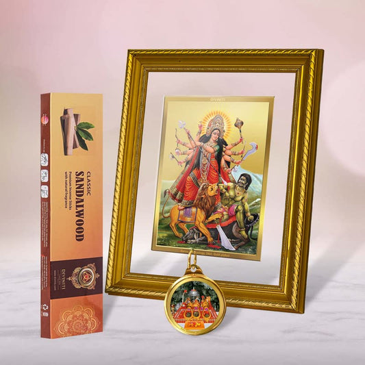 DIVINITI Durga DG 2.5 Gold Plated Photo Frame, 24K Double sided Gold Plated Pendant 18 MM and Classic Sandalwood Incense Sticks For Navratri Festival Prayer & Auspicious Occasion (Combo Pack)