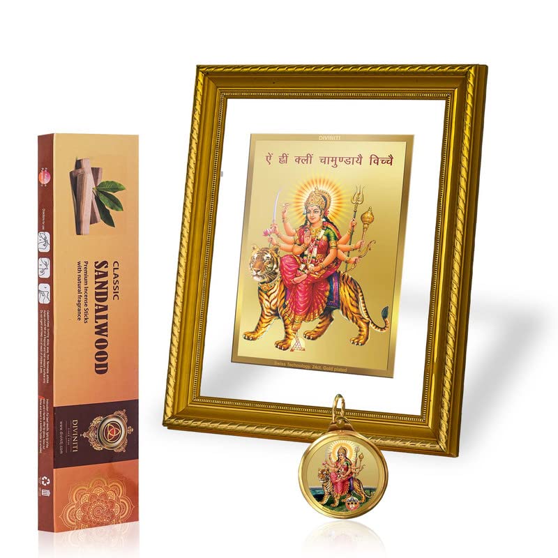 DIVINITI Durga Mantra DG 2.5 Gold Plated Photo Frame, 24K Double sided Gold Plated Pendant 18 MM and Classic Sandalwood Incense Sticks For Navratri Festival Prayer & Auspicious Occasion (Combo)