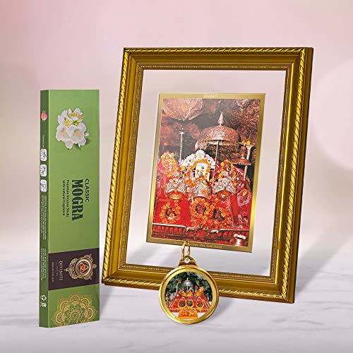 DIVINITI Mata Ka Darbar DG 2.5 Photo Frame, 24K Double sided Gold Plated Pendant 18 MM and Classic Mogra Incense Sticks For Navratri Festival Prayer & Auspicious Occasion (Combo Pack)