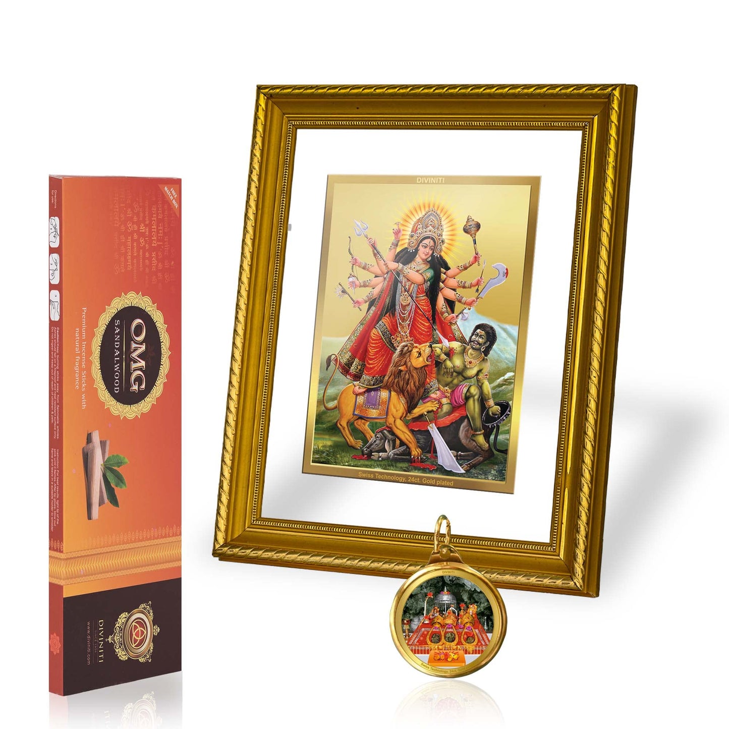 DIVINITI Durga DG 2.5 Gold Plated Photo Frame, 24K Double sided Gold Plated Pendant 18 MM and OMG Sandalwood Incense Sticks For Navratri Festival Prayer & Auspicious Occasion (Combo Pack)