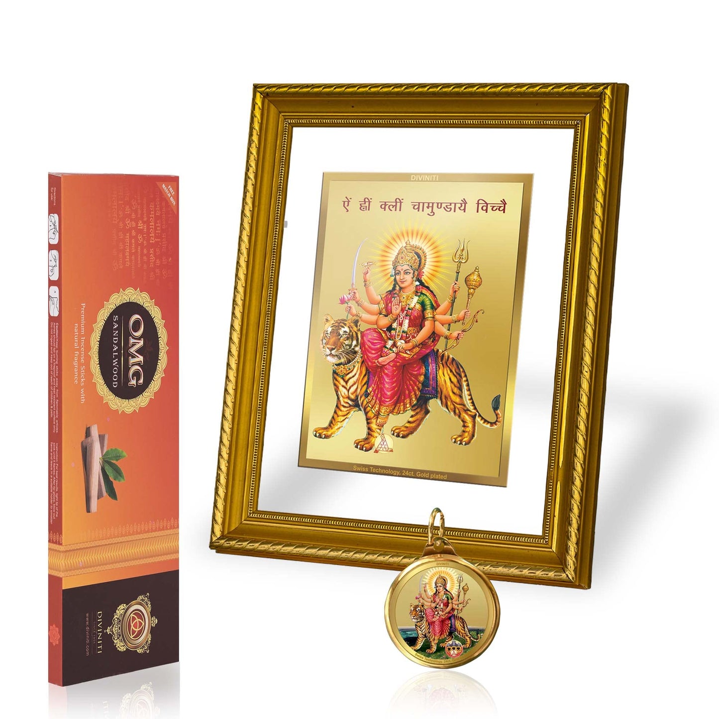 DIVINITI Durga Mantra DG 2.5 Gold Plated Photo Frame, 24K Double sided Gold Plated Pendant 18 MM and OMG Sandalwood Incense Sticks For Navratri Festival Prayer & Auspicious Occasion (Combo Pack)