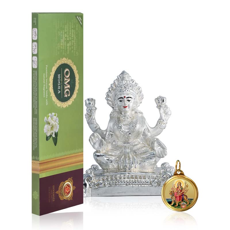 DIVINITI 999 Silver Plated Laxmi Ji Idol, 24K Double Sided Gold Plated Pendant 18 MM and OMG Mogra Incense Sticks for Navratri Festival Prayer & Auspicious Occasion (Combo Pack)