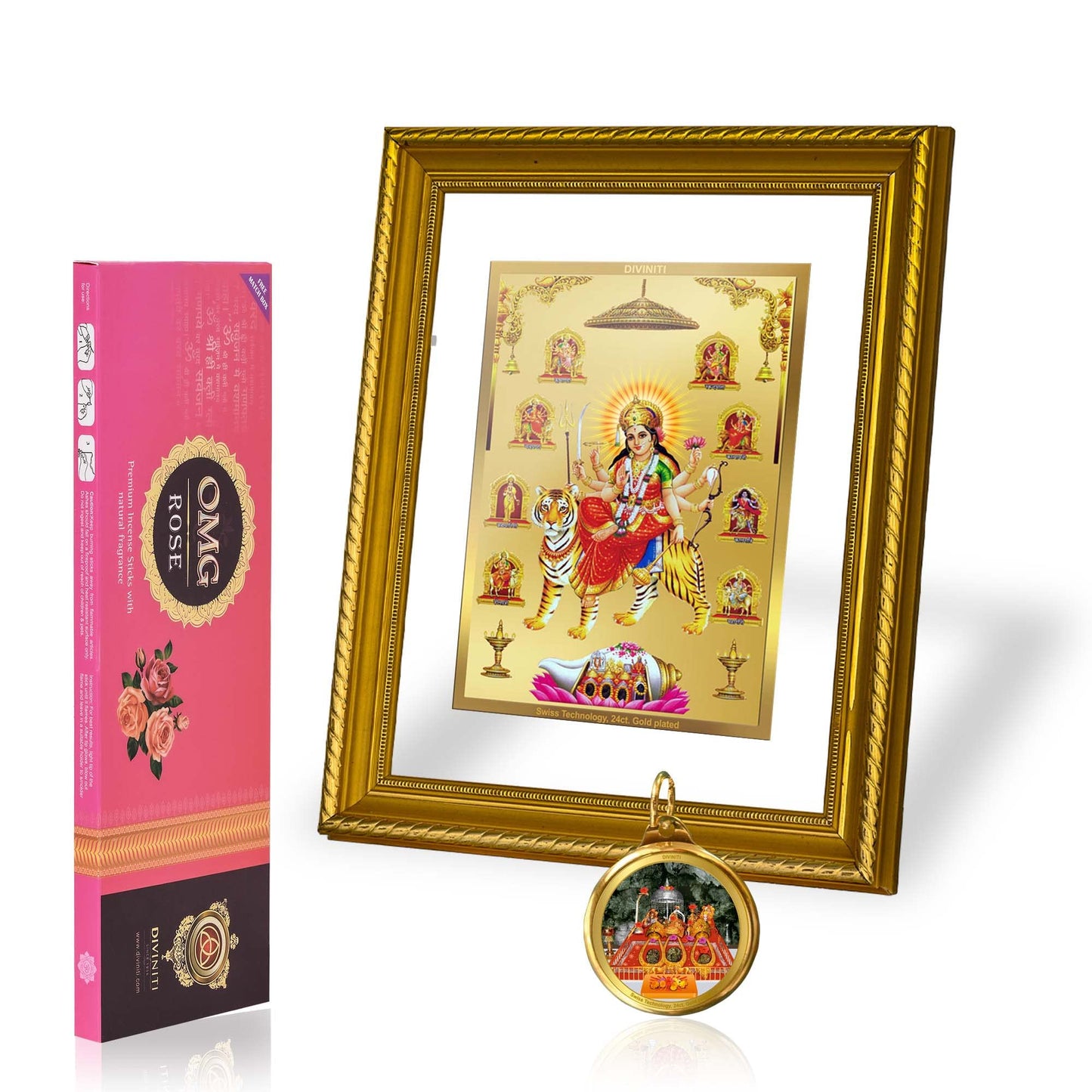 DIVINITI Nav Durga DG 2.5 Gold Plated Photo Frame, 24K Double sided Gold Plated Pendant 18 MM and OMG Rose Incense Sticks For Navratri Festival Prayer & Auspicious Occasion (Combo Pack)