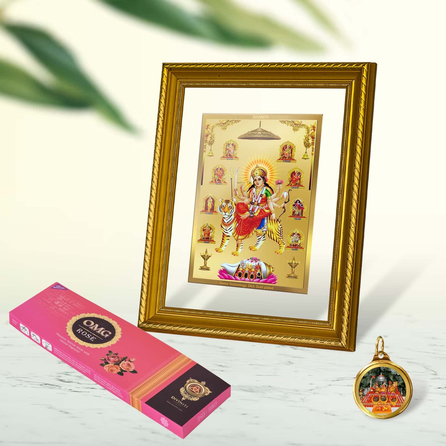 DIVINITI Nav Durga DG 2.5 Gold Plated Photo Frame, 24K Double sided Gold Plated Pendant 18 MM and OMG Rose Incense Sticks For Navratri Festival Prayer & Auspicious Occasion (Combo Pack)