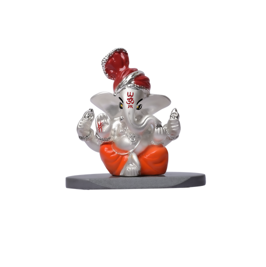 DIVINITI 999 Silver Plated Pagdi Ganesha Idol For Car Dashboard, Home Decor, Table, Gift (7 X 7 CM)