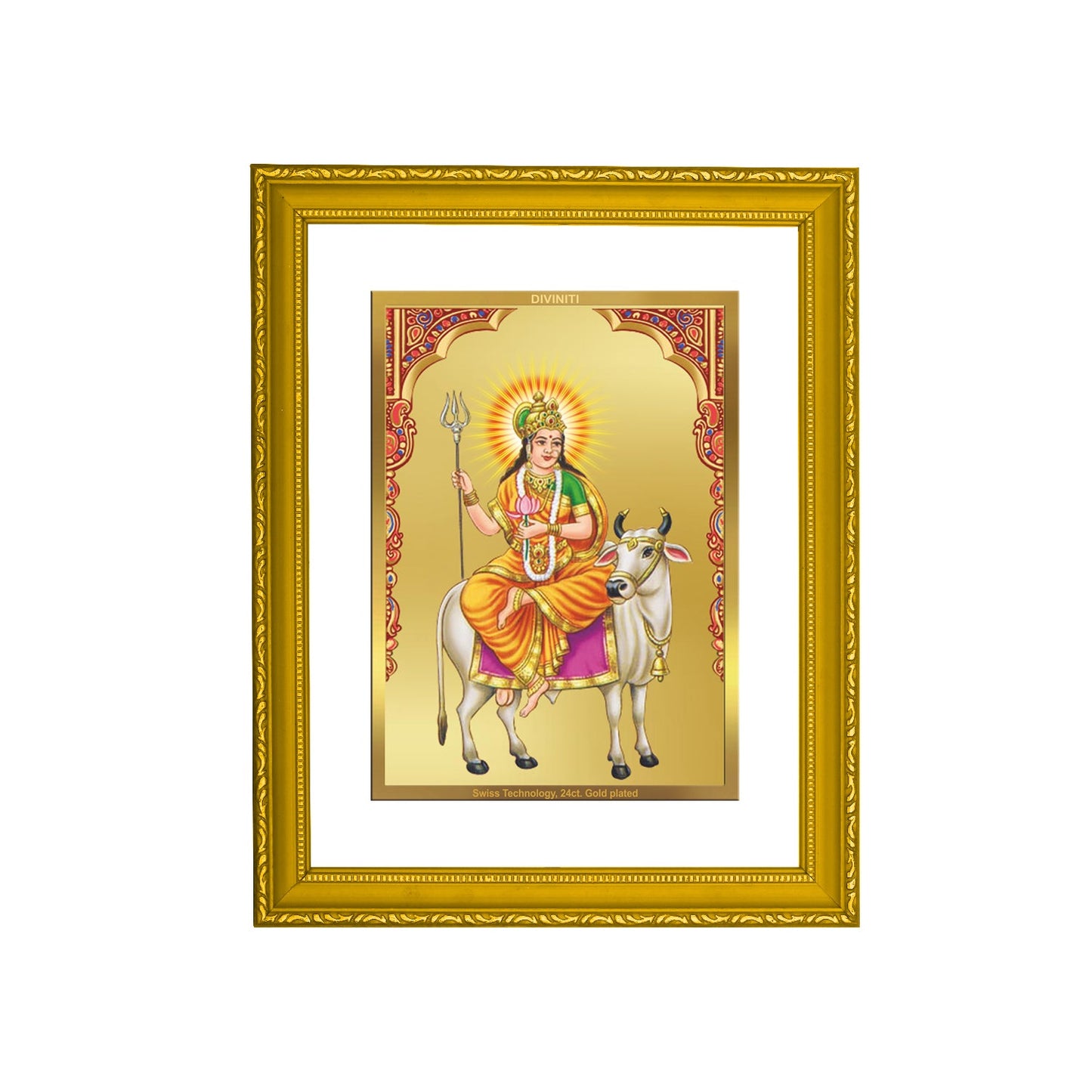 Diviniti 24K Gold Plated Shailputri Mata Photo Frame For Home Decor, Wall Decor, Table, Worship, Gift (20.8 x 16.7 CM)