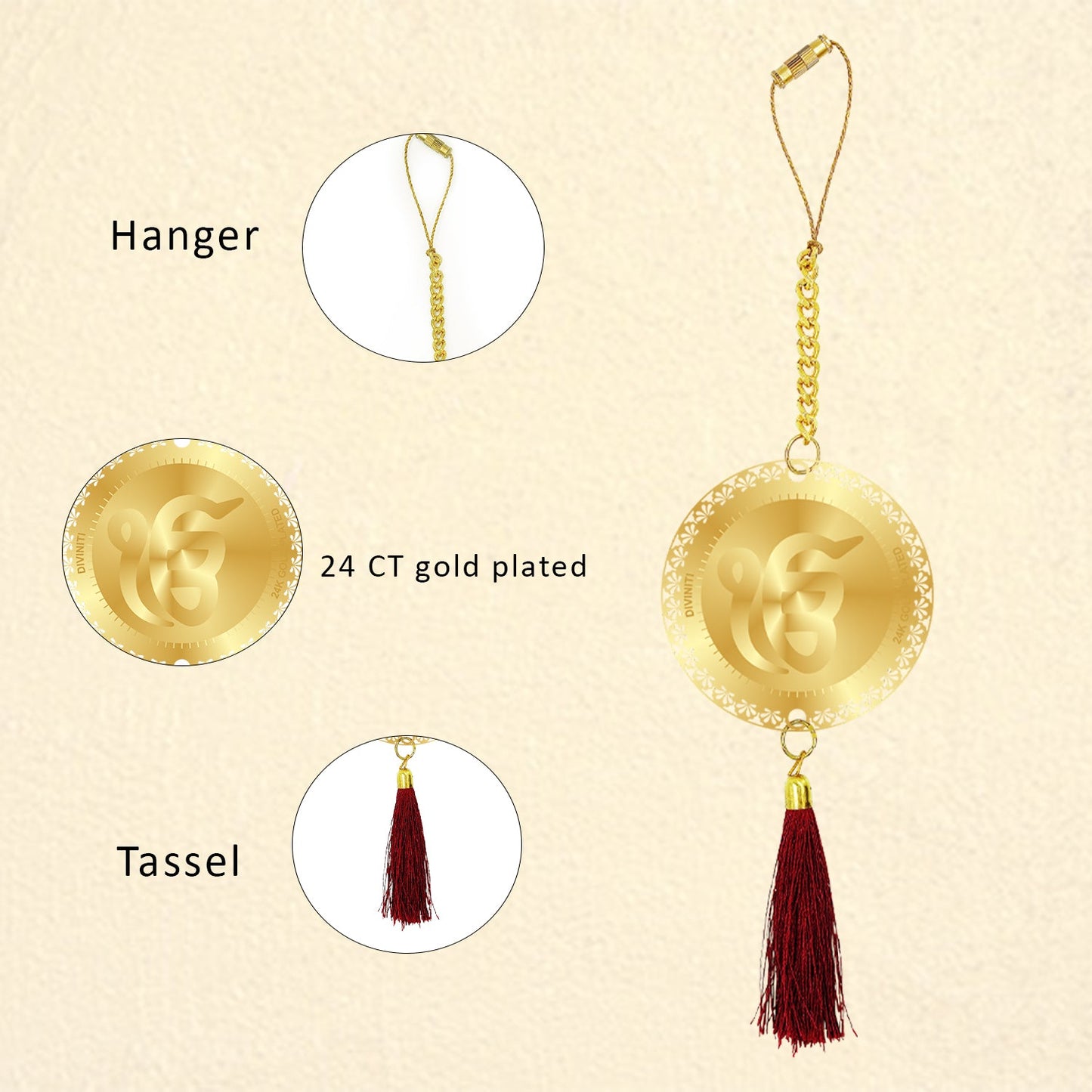 Diviniti 24K Gold Plated Double Sided Khanda Sahib & Ek Omkar Car Dangler| 6 CM Khanda Sahib Hanging Car Decor| Luxurious Dangler For Car| Divine Car Accessories For Positive Energy & Protection