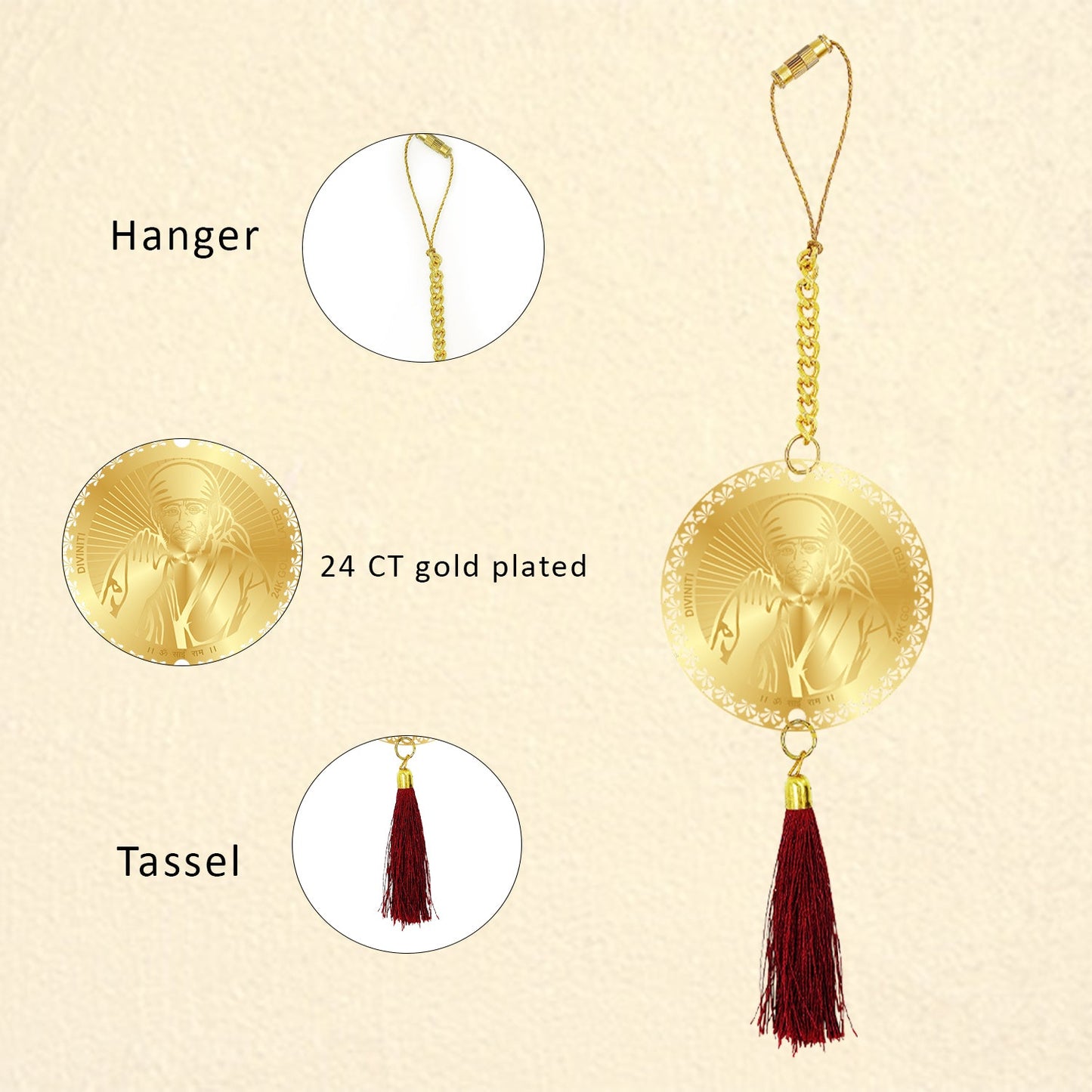 Diviniti 24K Gold Plated Double Sided Sai Baba & Yantra Car Dangler