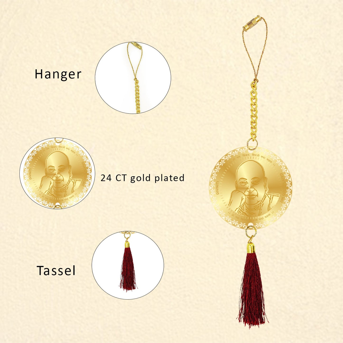 Diviniti 24K Gold Plated Double Sided GuruJi & Blessings Car Dangler| 6 CM GuruJi Hanging Car Decor| Luxurious 24K Gold Plated Dangler For Car| Divine Car Accessories For Positive Energy & Protection