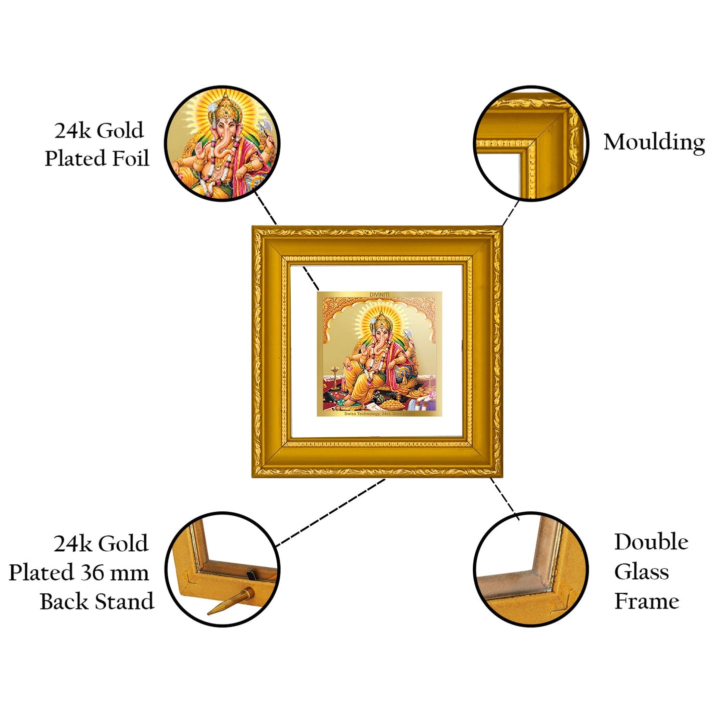 DIVINITI GANESHA SIDE POSE Gold Plated Wall Photo Frame| DG Frame 101 Size 1A Wall Photo Frame and 24K Gold Plated Foil| Religious Photo Frame Idol For Prayer, Gifts Items (10CMX10CM)