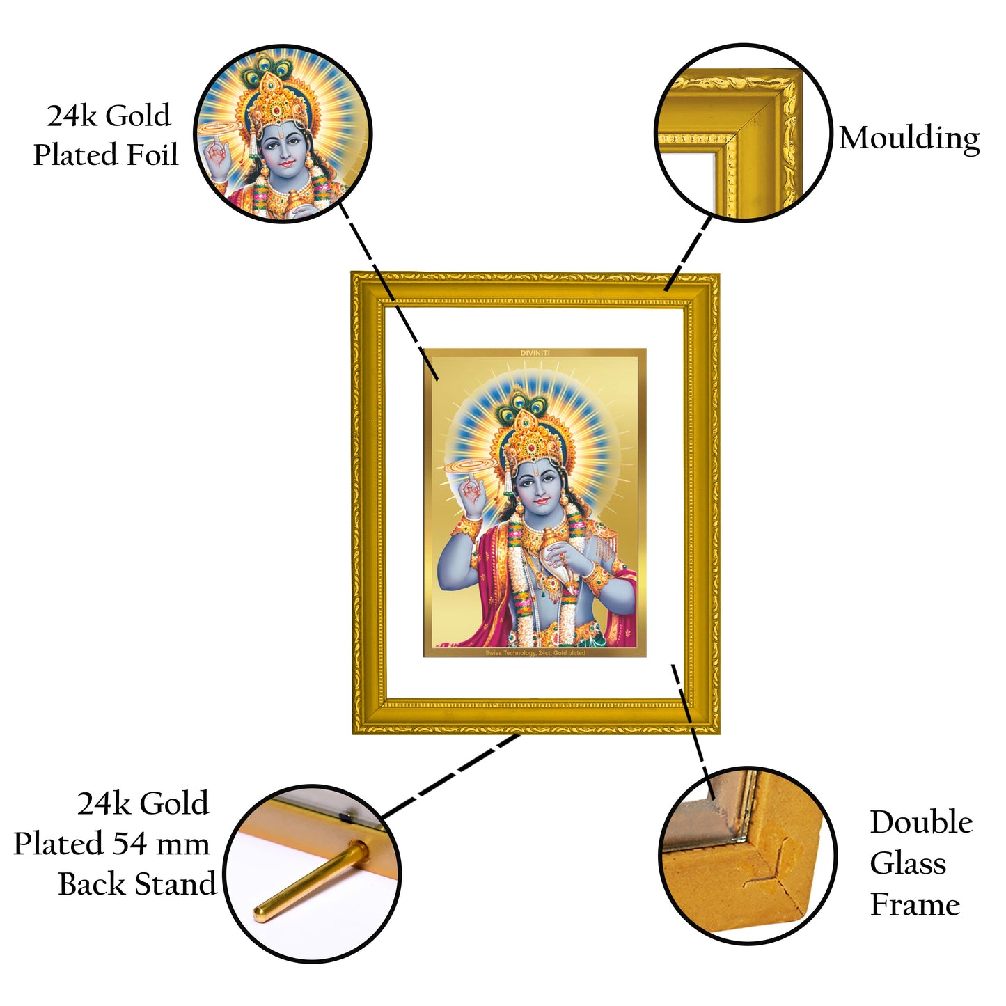 Diviniti 24K Gold Plated Lord Vishnu Photo Frame For Home Decor, Wall Decor, Table Top, Gift (20.8 x 16.7 CM)