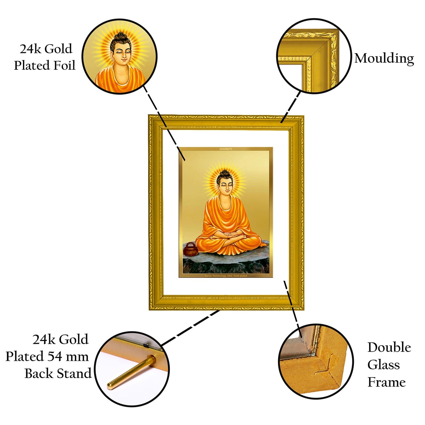 DIVINITI Buddha Gold Plated Wall Photo Frame| DG Frame 101 Size 2 Wall Photo Frame and 24K Gold Plated Foil| Religious Photo Frame Idol For Prayer, Gifts Items (20.8CMX16.7CM)