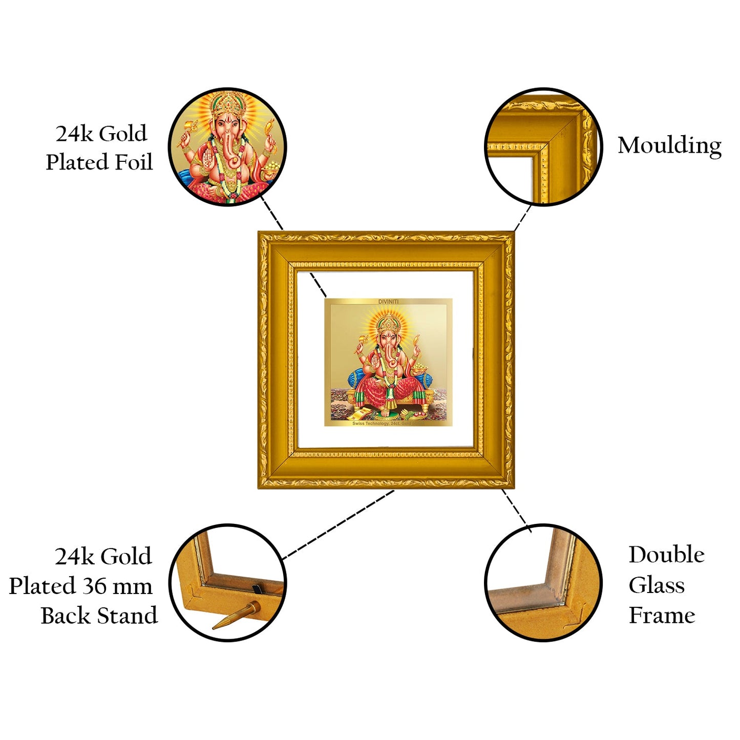 DIVINITI GANESHA Gold Plated Wall Photo Frame| DG Frame 101 Size 1A Wall Photo Frame and 24K Gold Plated Foil| Religious Photo Frame Idol For Prayer, Gifts Items (10CMX10CM)