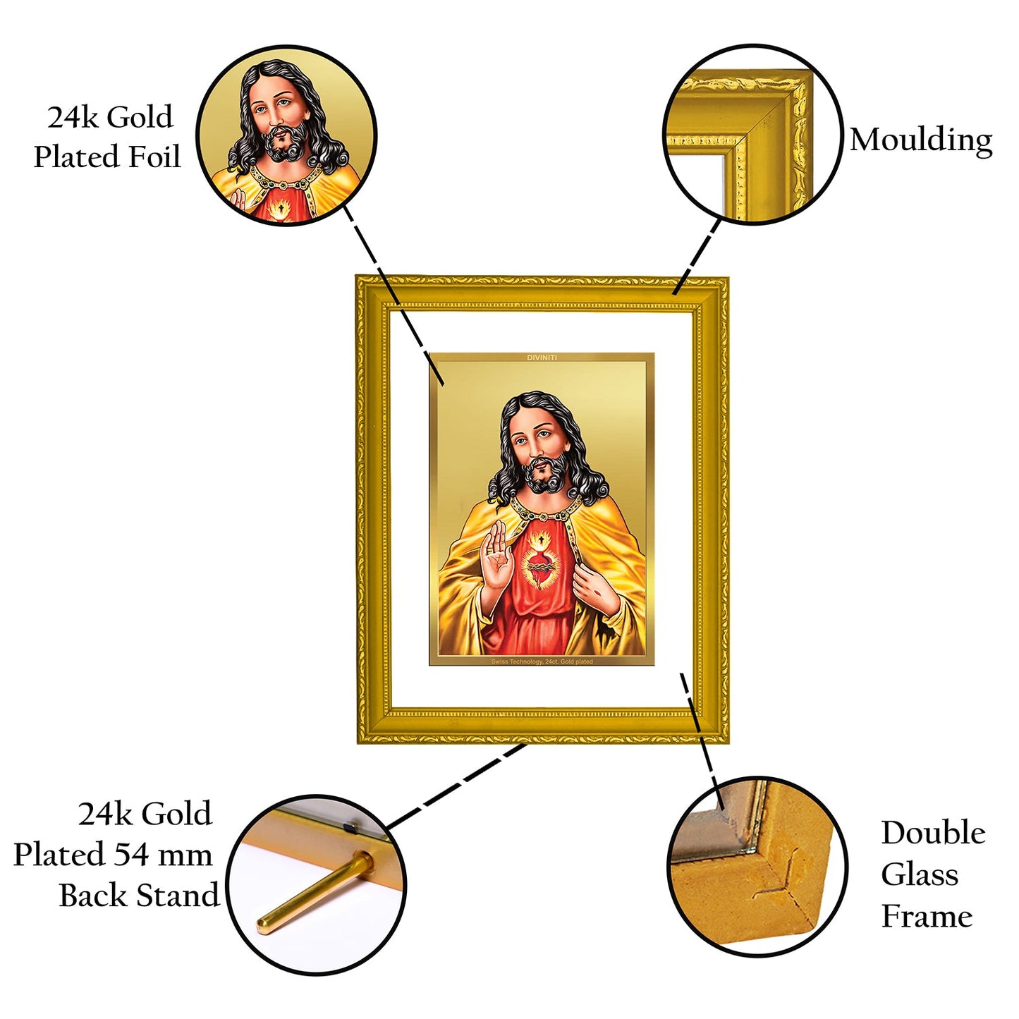 DIVINITI Jesus Gold Plated Wall Photo Frame| DG Frame 101 Size 2 Wall Photo Frame and 24K Gold Plated Foil| Religious Photo Frame Idol For Prayer, Gifts Items (20.8CMX16.7CM)