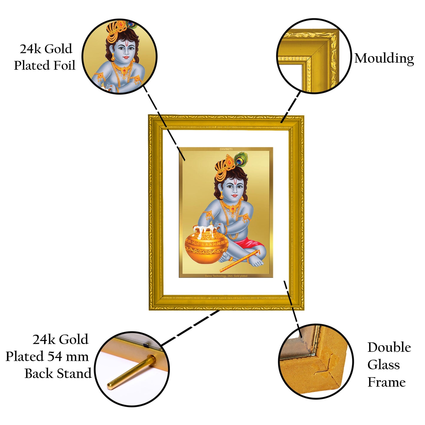 DIVINITI Bal Gopal Gold Plated Wall Photo Frame| DG Frame 101 Size 2 Wall Photo Frame and 24K Gold Plated Foil| Religious Photo Frame Idol For Prayer (20.8CMX16.7CM)