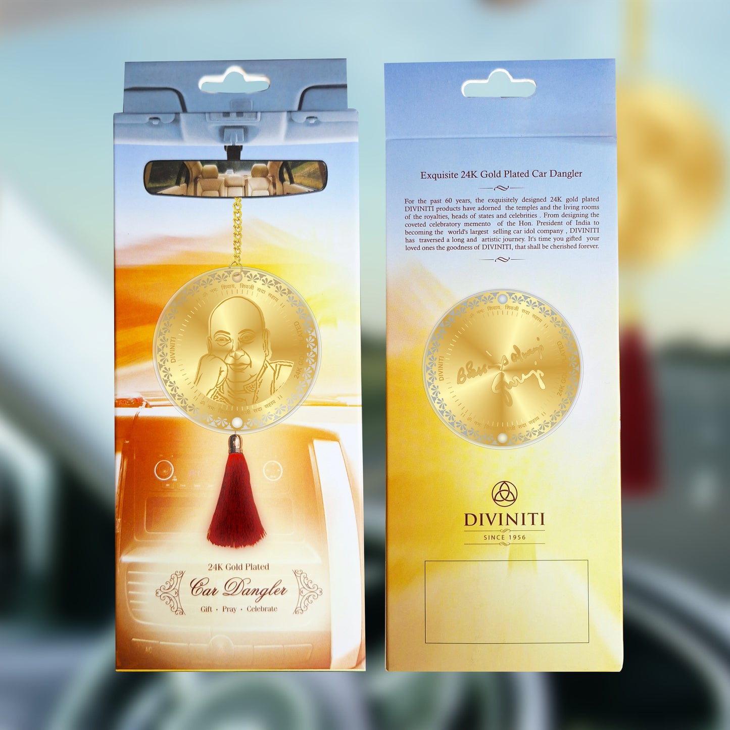 Diviniti 24K Gold Plated Double Sided GuruJi & Blessings Car Dangler| 6 CM GuruJi Hanging Car Decor| Luxurious 24K Gold Plated Dangler For Car| Divine Car Accessories For Positive Energy & Protection