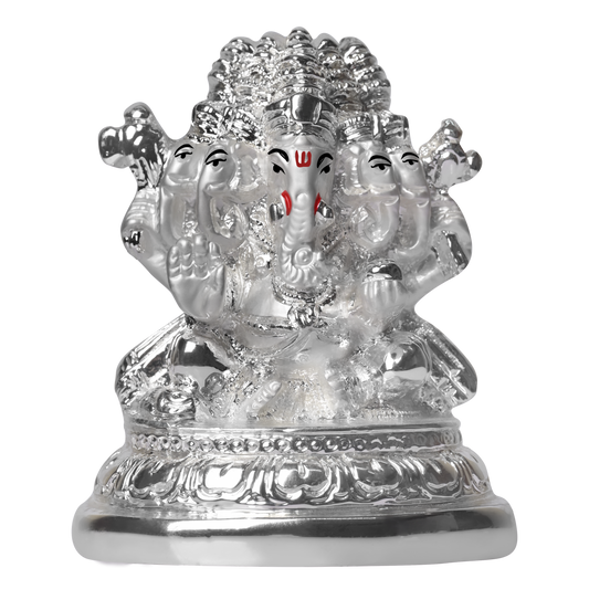 Diviniti Panchmukhi Ganesha Idol for Home Decor| 999 Silver Plated Sculpture of Ganesha Figurine| Idol for Home, Office, Temple and Table Decoration| Religious Idol For Pooja, Gift (7 X 5 X 8.4)CM