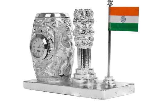 Diviniti 999 Silver Plated Pen Holder with Ashok Stambh and Indian Flag For University