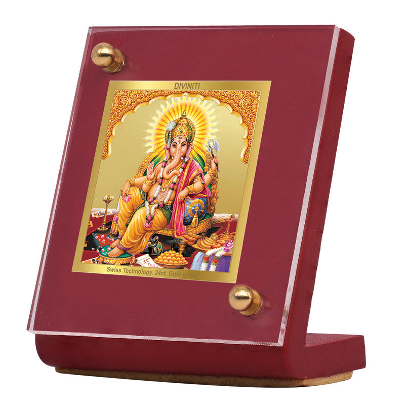 Diviniti 24K Gold Plated Ganesha Frame For Car Dashboard, Home Decor, Puja, Festival Gift (5.5 x 6.5 CM)