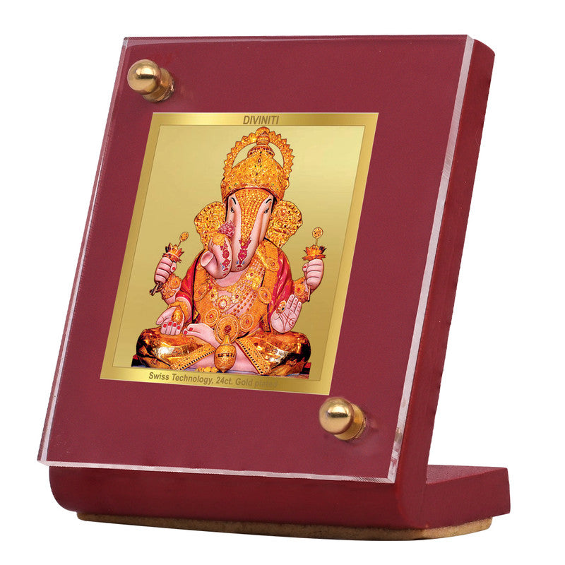 Diviniti 24K Gold Plated Dagdusheth Ganpati Frame For Car Dashboard & Home Decor Showpiece (5.5 x 6.5 CM)