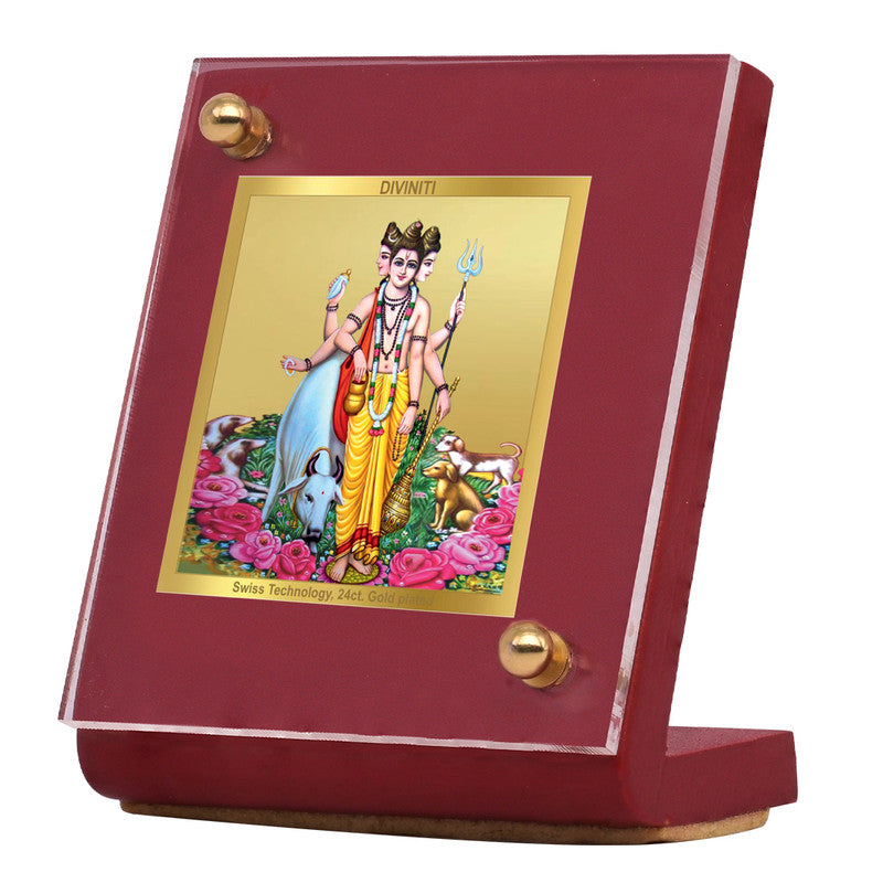 Diviniti 24K Gold Plated Dattatreya Frame For Car Dashboard, Home Decor, Prayer, Gift (5.5 x 6.5 CM)