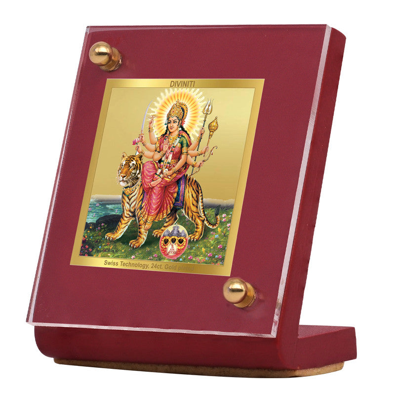 Diviniti 24K Gold Plated Durga Mata Frame For Car Dashboard, Home Decor, Puja, Festival Gift (5.5 x 6.5 CM)