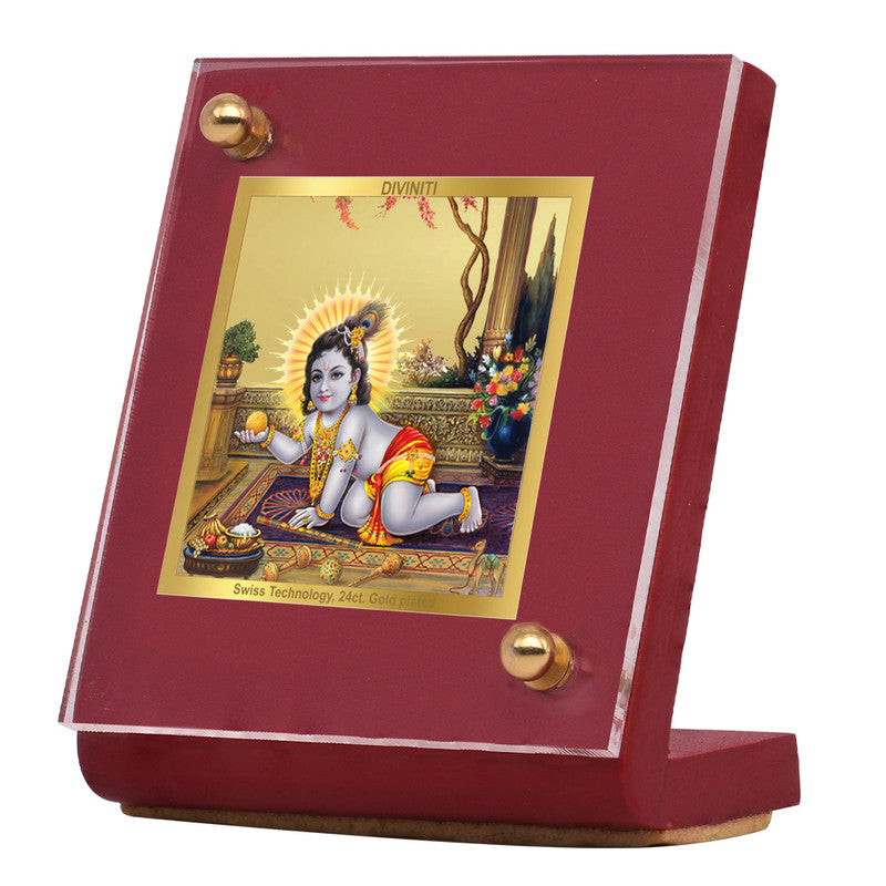 Diviniti 24K Gold Plated Laddu Gopal Frame For Car Dashboard, Home Decor, Table Top (5.5 x 6.5 CM)