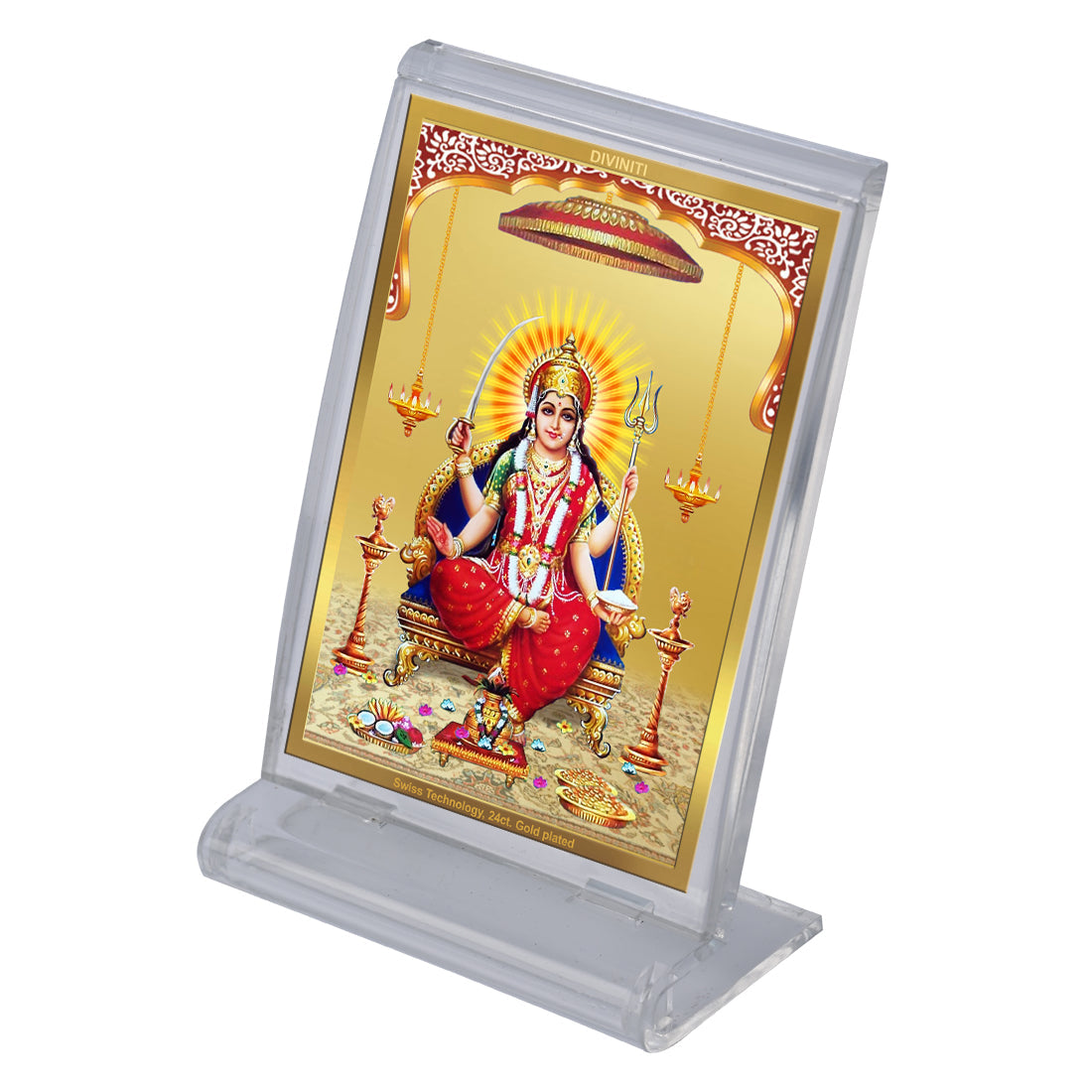 Diviniti 24K Gold Plated Santoshi Mata Frame For Car Dashboard, Home Decor, Puja Room, Worship (11 x 6.8 CM)