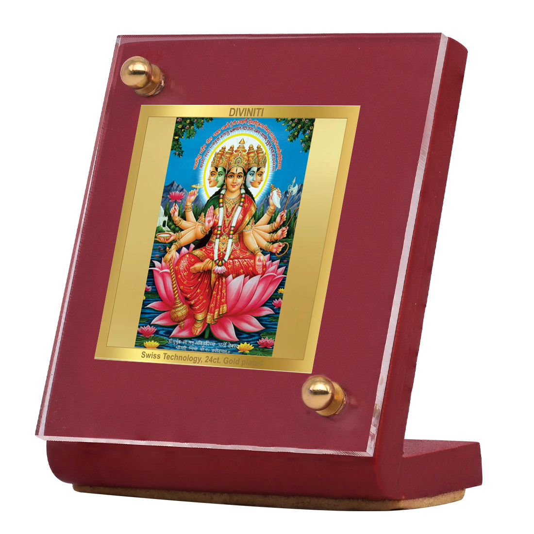 Diviniti 24K Gold Plated Gayatri Mata Frame For Car Dashboard, Home Decor, Table Top, Puja, Gift (5.5 x 6.5 CM)