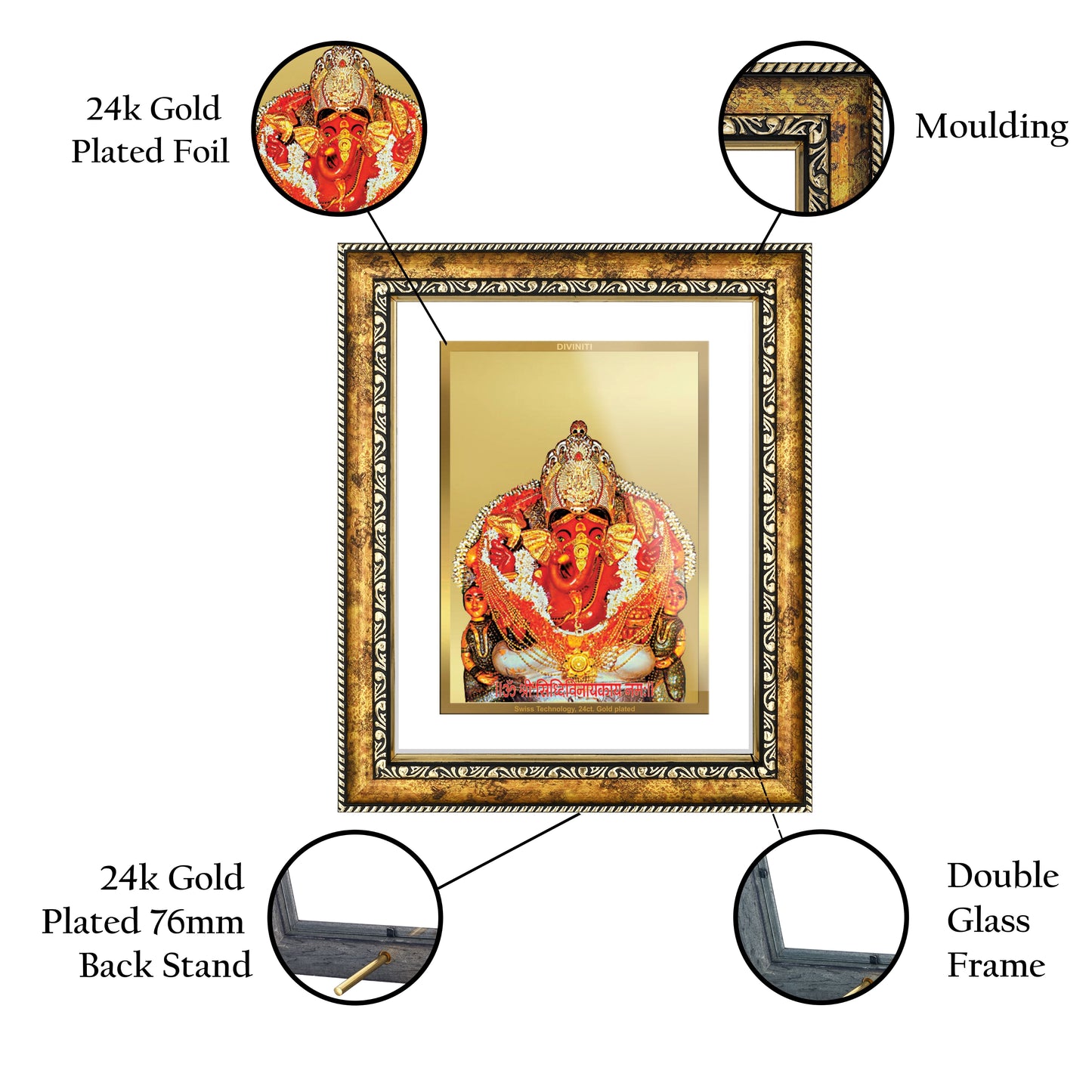 DIVINITI Siddhivinayak Gold Plated Wall Photo Frame, Table Decor| DG Frame 113 Size 3 and 24K Gold Plated Foil (33.3 CM X 26 CM)