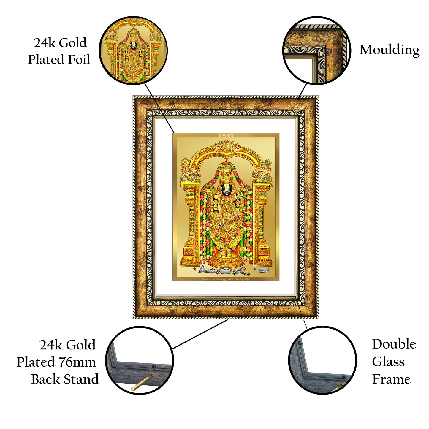 DIVINITI Tirupati Balaji Gold Plated Wall Photo Frame, Table Decor| DG Frame 113 Size 3 and 24K Gold Plated Foil (33.3 CM X 26 CM)