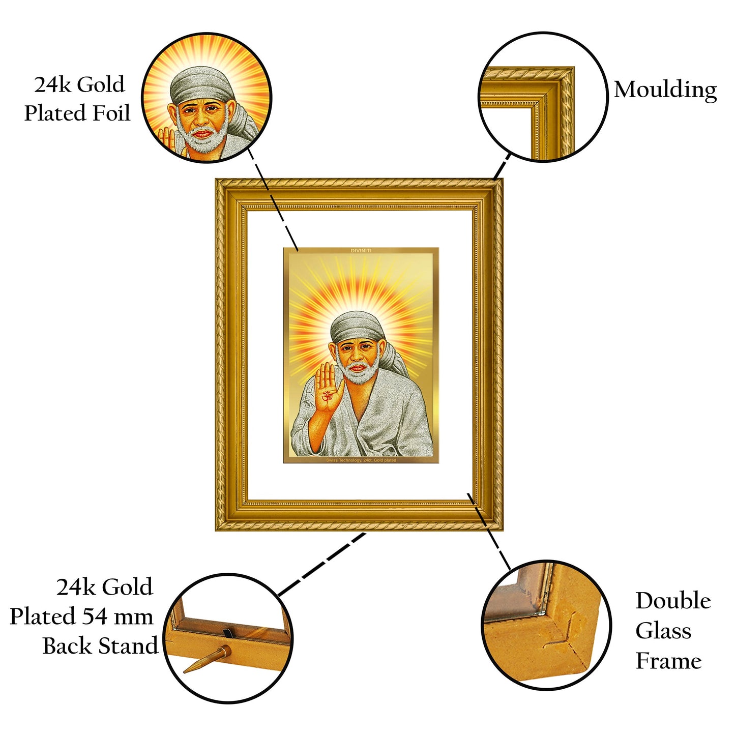 DIVINITI Shirdi Sai Baba Gold Plated Wall Photo Frame, Table Decor| DG Frame 056 Size 3 and 24K Gold Plated Foil (28 CM X 23 CM)