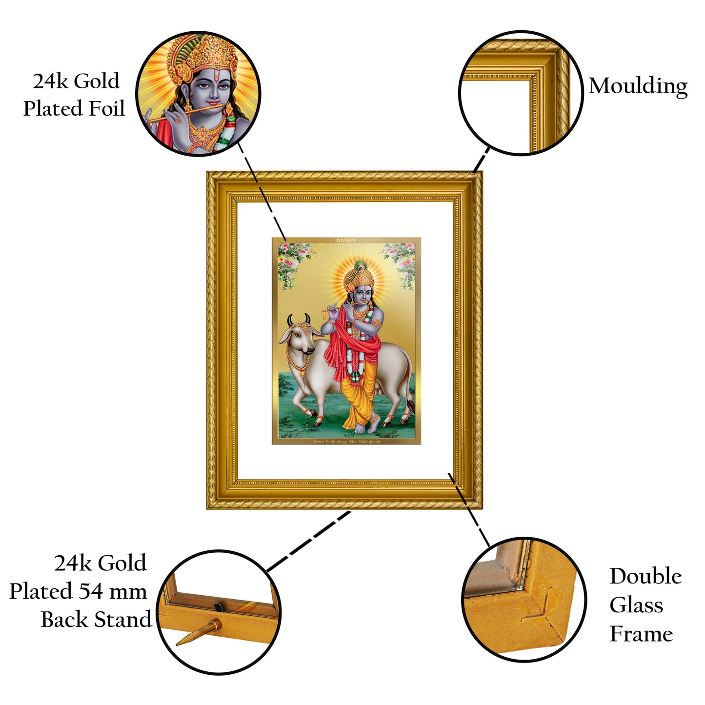 DIVINITI Krishna Gold Plated Wall Photo Frame, Table Decor| DG Frame 056 Size 2.5 and 24K Gold Plated Foil (28 CM X 23 CM)