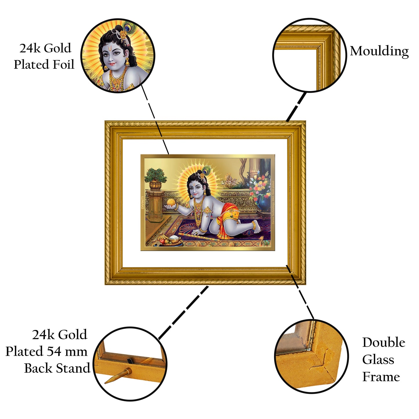 DIVINITI Laddu Gopal Gold Plated Wall Photo Frame, Table Decor| DG Frame 056 Size 2.5 and 24K Gold Plated Foil (28 CM X 23 CM)