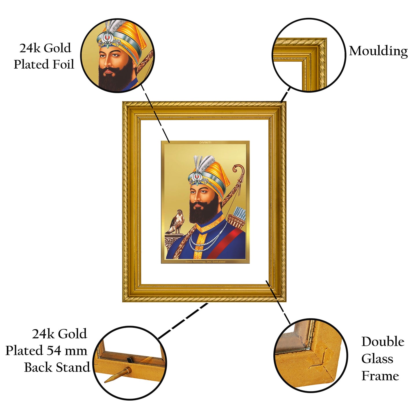 DIVINITI Guru Gobind Singh Gold Plated Wall Photo Frame, Table Decor| DG Frame 056 Size 3 and 24K Gold Plated Foil (32.5 CM X 25.5 CM)