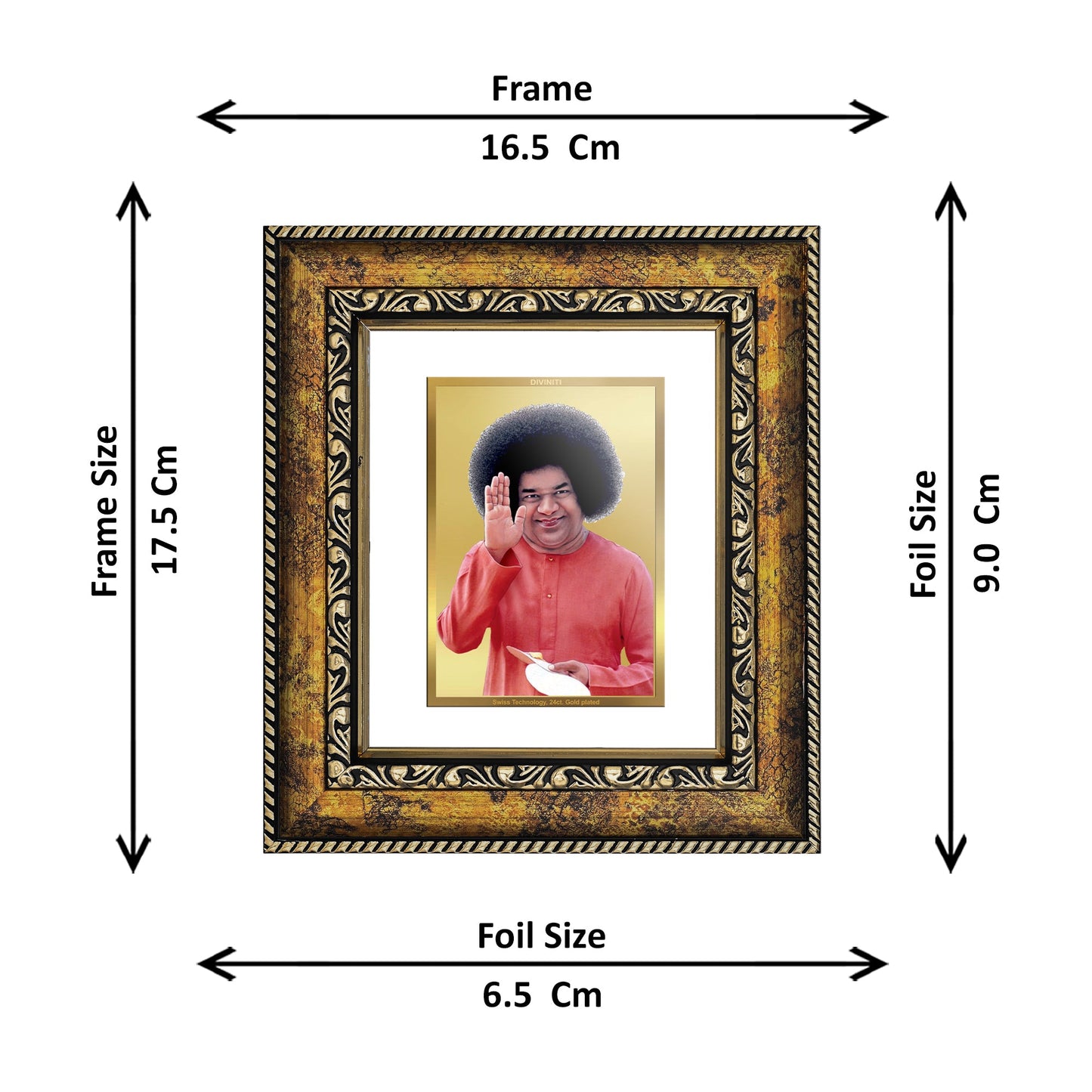 DIVINITI Satya Sai Gold Plated Wall Photo Frame, Table Decor| DG Frame 113 Size 1 and 24K Gold Plated Foil (17.5 CM X 16.5 CM)