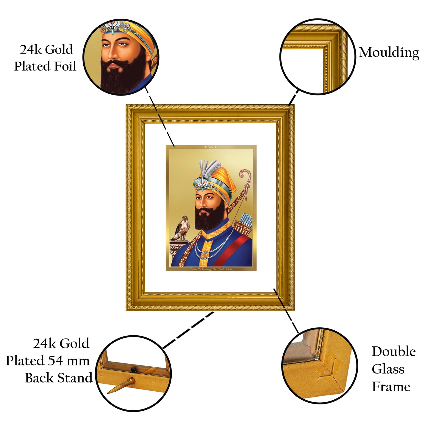 DIVINITI Guru Gobind Singh Gold Plated Wall Photo Frame, Table Decor| DG Frame 056 Size 2.5 and 24K Gold Plated Foi (28 CM X 23 CM)