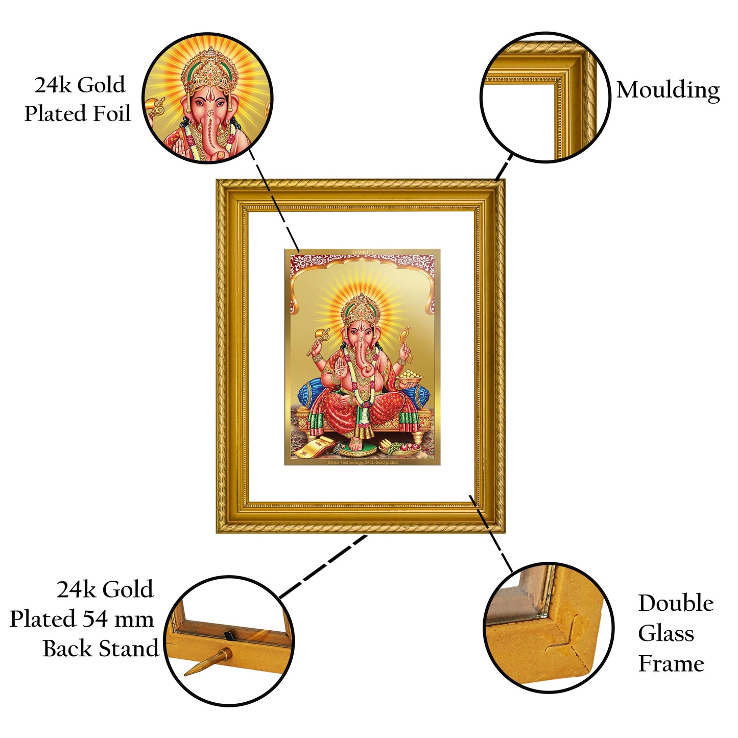 DIVINITI Ganesha Gold Plated Wall Photo Frame, Table Decor| DG Frame 056 Size 2.5 and 24K Gold Plated Foil (28 CM X 23 CM)