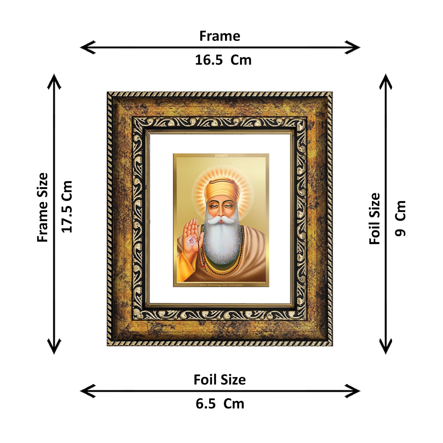 DIVINITI Guru Nanak Gold Plated Wall Photo Frame, Table Decor| DG Frame 113 Size 1 and 24K Gold Plated Foil (17.5 CM X 16.5 CM)