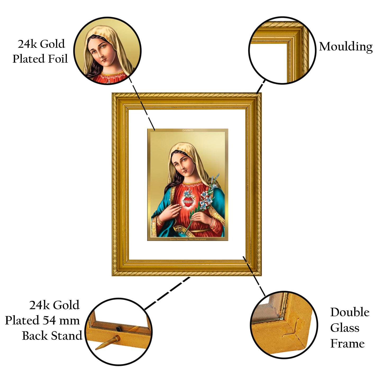 DIVINITI Mother Mary Gold Plated Wall Photo Frame, Table Decor| DG Frame 056 Size 2.5 and 24K Gold Plated Foil (28 CM X 23 CM)