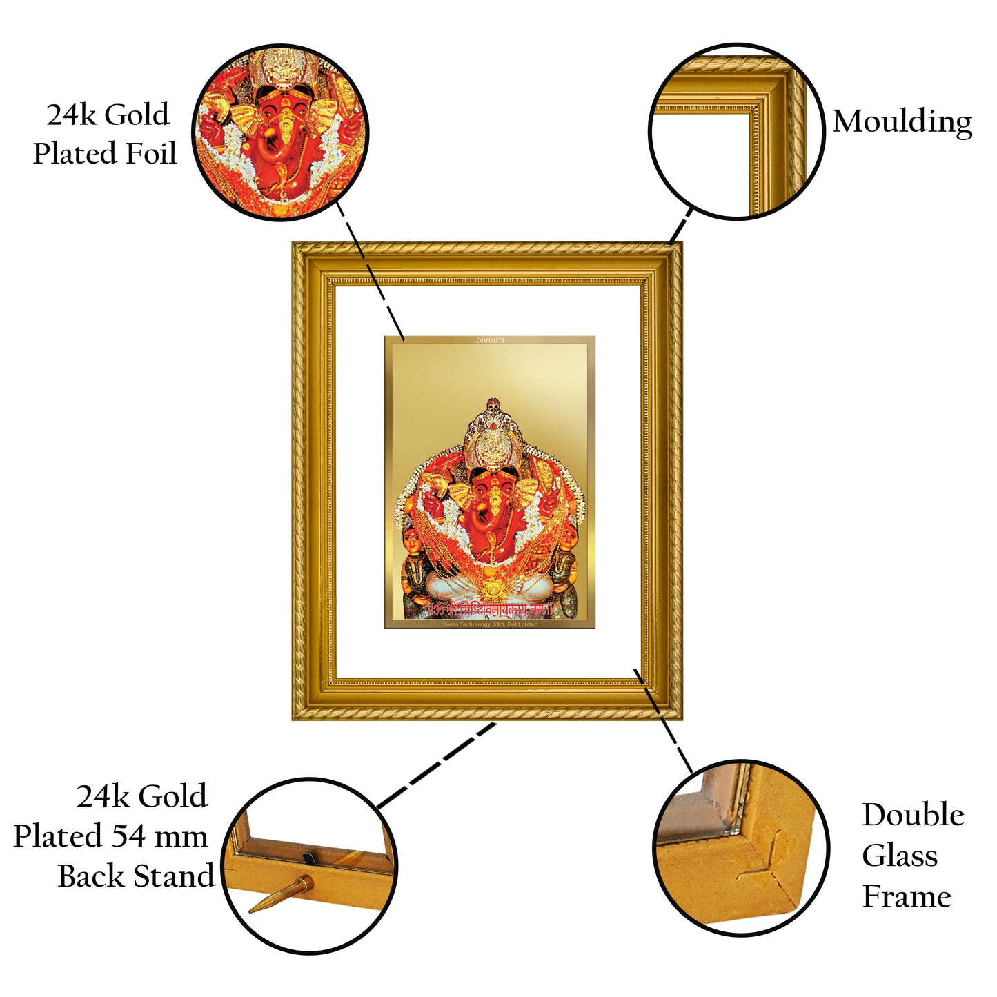 DIVINITI Siddhivinayak Gold Plated Wall Photo Frame, Table Decor| DG Frame 056 Size 2.5 and 24K Gold Plated Foil (28 CM X 23 CM)