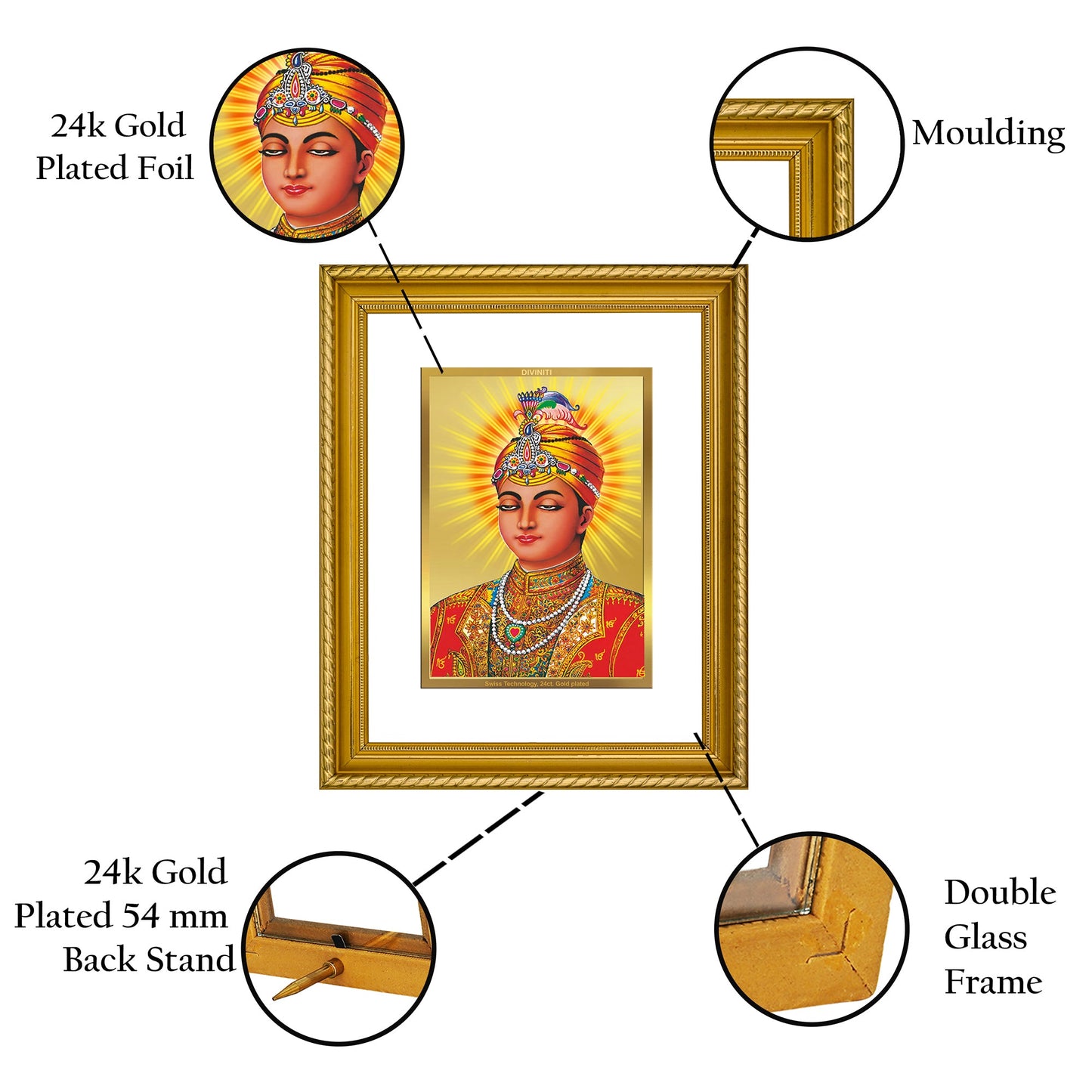 DIVINITI Guru Harkrishan Gold Plated Wall Photo Frame, Table Decor| DG Frame 056 Size 3 and 24K Gold Plated Foil (32.5 CM X 25.5 CM)