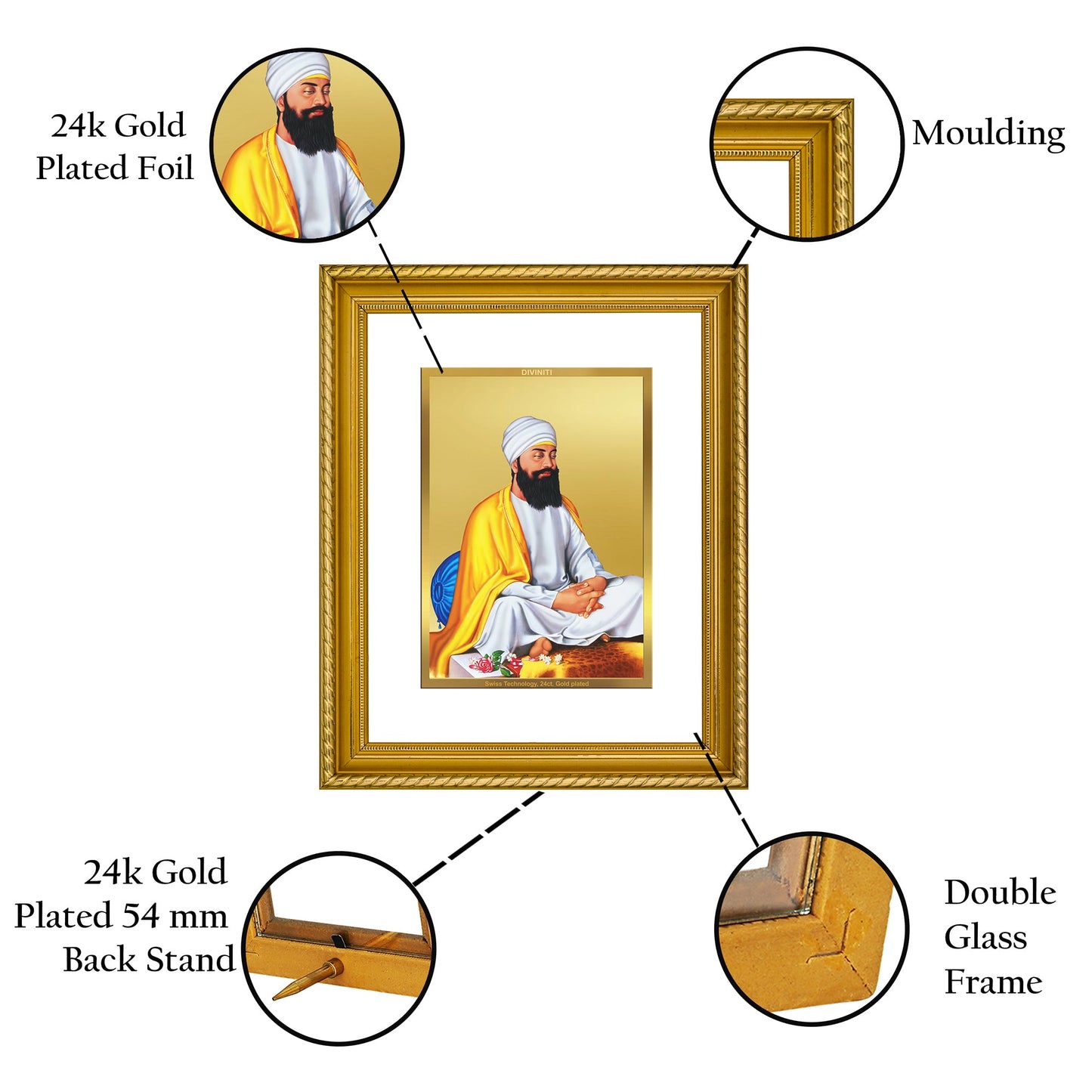 DIVINITI Guru Tegh Bahadur Ji Gold Plated Wall Photo Frame, Table Decor| DG Frame 056 Size 3 and 24K Gold Plated (32.5 CM X 25.5 CM)