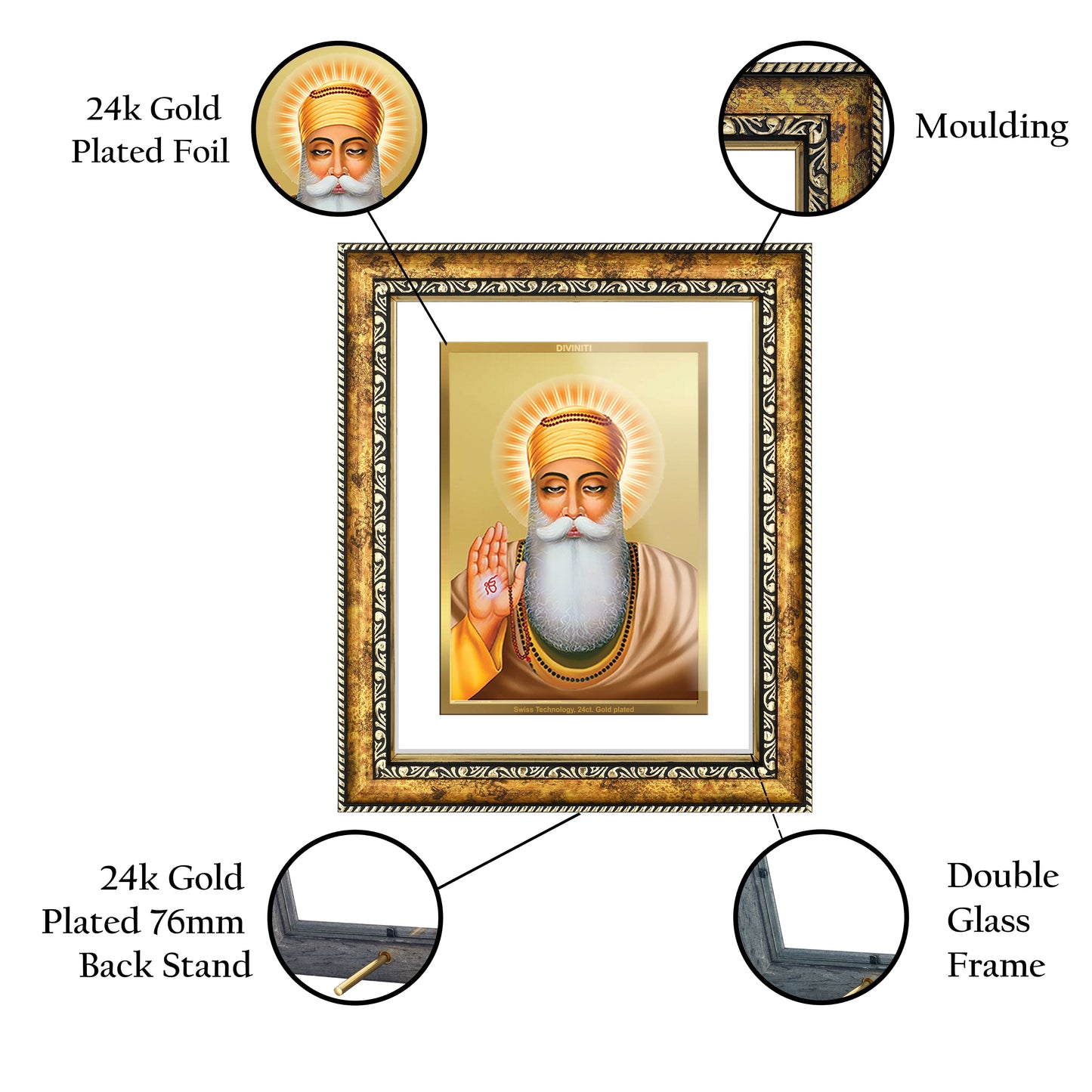 DIVINITI Guru Nanak Gold Plated Wall Photo Frame, Table Decor| DG Frame 113 Size 3 and 24K Gold Plated Foil (33.3 CM X 26 CM)