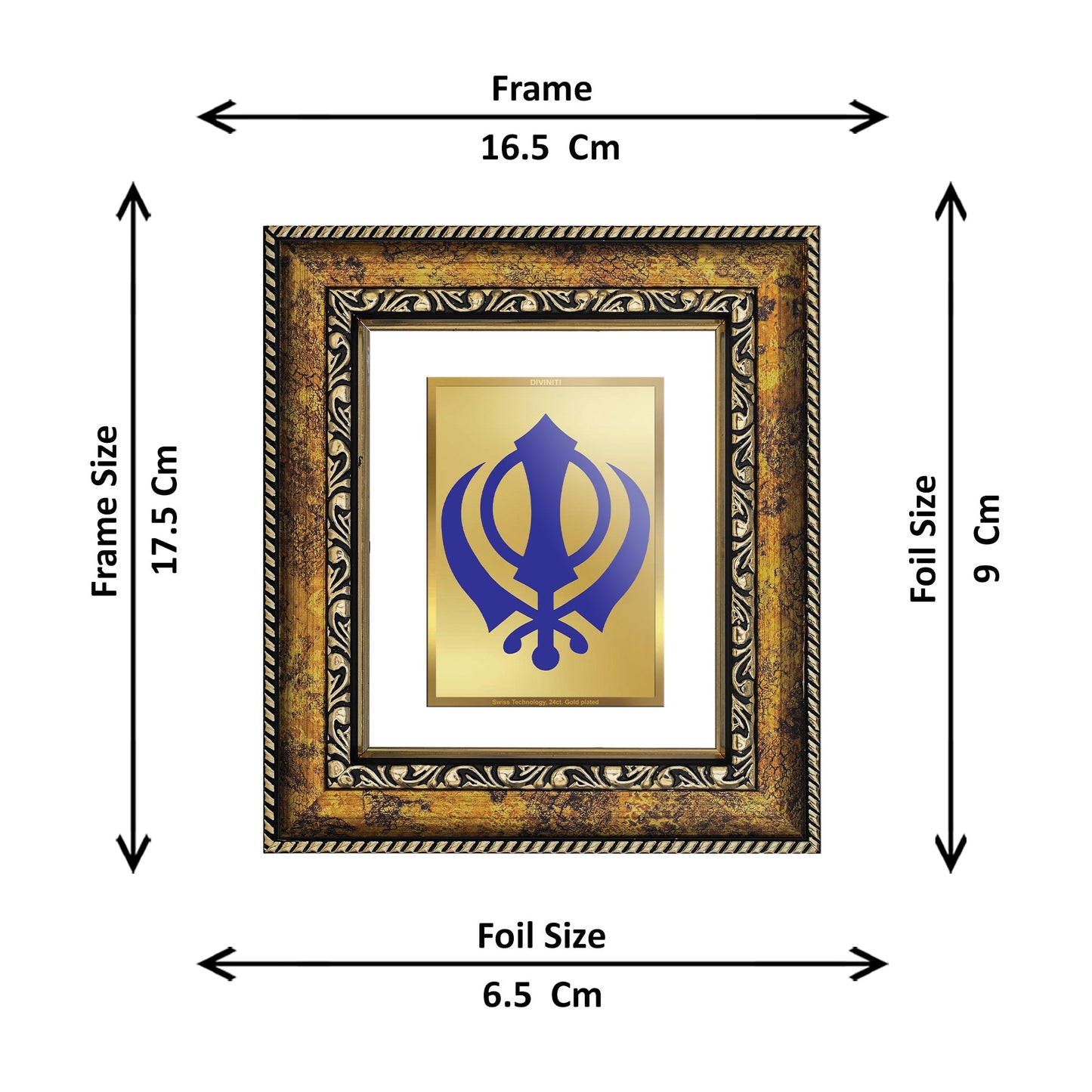 DIVINITI Khanda Sahib Gold Plated Wall Photo Frame, Table Decor| DG Frame 113 Size 1 and 24K Gold Plated Foil (17.5 CM X 16.5 CM)